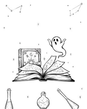 Black and white line art coloring page of flying ghost rising from open spell book with potion bottles magic book magic potions outline drawing vector illust