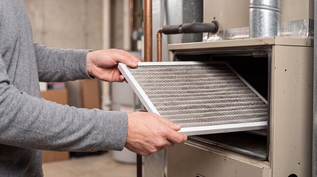 Technician replacing dirty air filter inside residential hvac furnace unit in basement. Homeowner performing preventive maintenance for heating system efficiency and clean air.