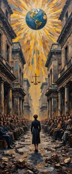 Artistic Interpretation of a Woman Facing the Earth and Scale in a Collapsing Cityscape