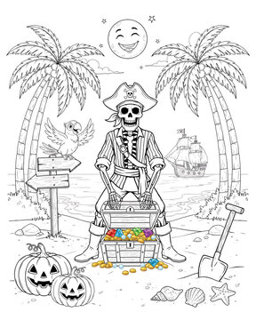 Pirate skeleton sitting on a treasure chest filled with gold coins under palm trees coloring page line art black and white halloween skeleton treasure
