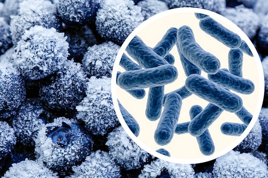 Frozen blueberries covered in frost with enlarged bacteria in a circular microscope-style inset, representing E. coli risk, contamination testing and food recall