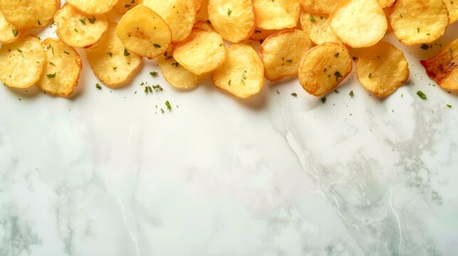 Golden potato chips scatter across a white marble surface