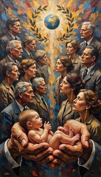 Diverse group of elderly and young adults with a globe and laurel wreath wall art