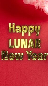 Animation of happy lunar new year ext over chinese pattern on red background