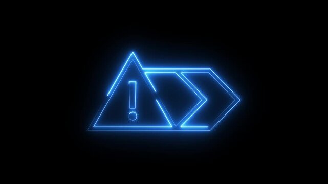 Neon blue warning sign animation with triangle alert symbol and arrow on black background.