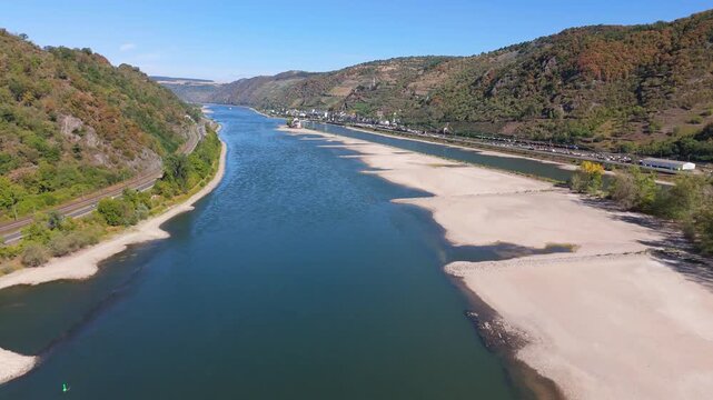 Rhine river, low water level, Kaub with Falkenau island and Pfagrafenstein castle, rhine valley, Germany, dry riverbed, extreme drought in Europe