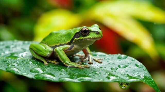 Small green frog sitting on a wet leaf with water droplets macro shot