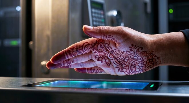 Hand scan biometric security henna pattern futuristic interface