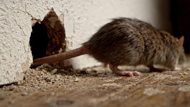 Small mouse peeking out of hole and scurrying across floor