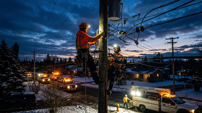 Professional Utility Linemen Repairing Power Lines on Electric Pole During Emergency Night Maintenance in Winter
