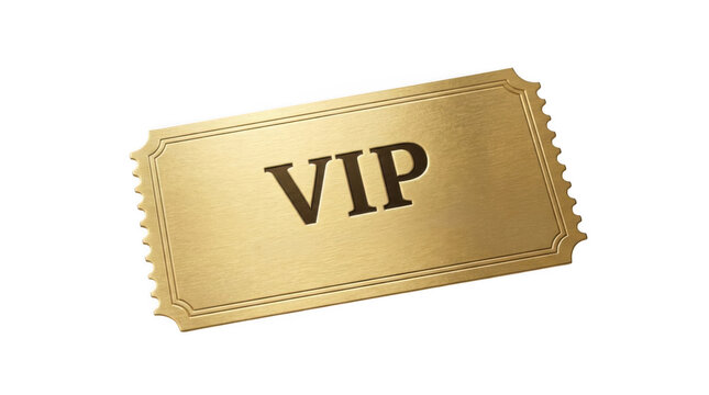 Golden VIP ticket isolated on white background for exclusive events and luxury access.