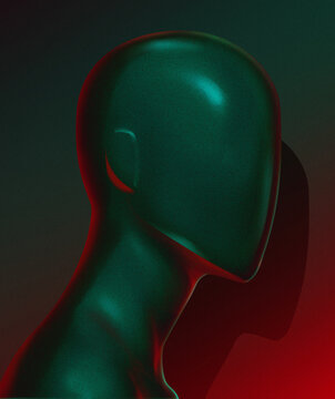 Faceless white sculptural human bust in profile, minimal abstract 3D render, noise effect