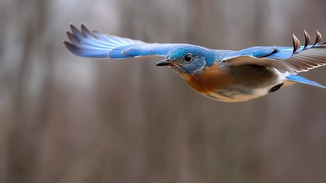 A vibrant bluebird flies through the air with wings spread, showcasing blue feathers and an orange chest against a blurred.