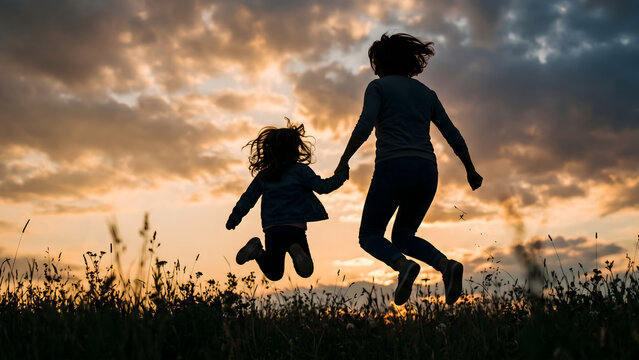 Silhouette of happy mother and daughter jumping together in a field at sunset holding hands