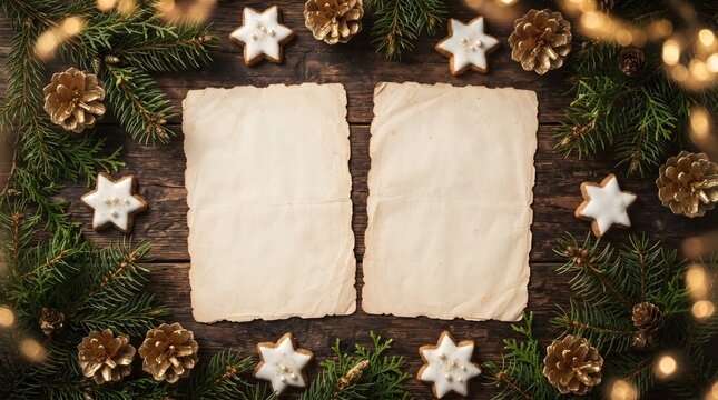 Blank aged paper sheets surrounded by fir branches, star cookies, and golden pinecones on wooden background for festive holiday greeting and menu template concept