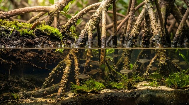 Mangrove Roots Underwater Ecosystem with Small Fish and Green Vegetation