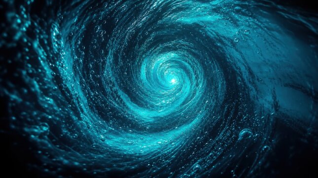 A vibrant blue whirlpool swirling underwater, creating a mesmerizing spiral with bubbles and light reflections.