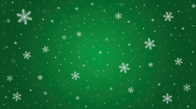 Green background with scattered white snowflakes of various sizes, creating a festive and wintery atmosphere.