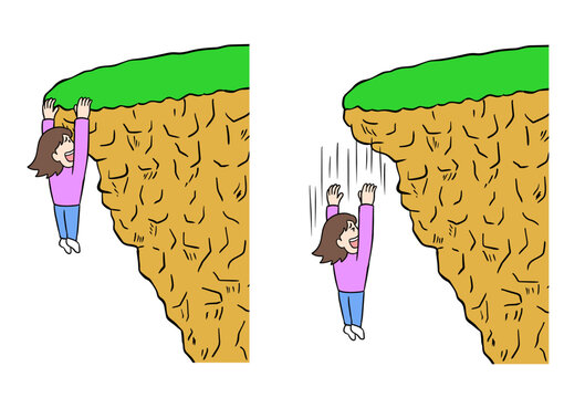 崖から手を離してしまいまっさかさまに落下するコミカルな若い女性のイラスト
