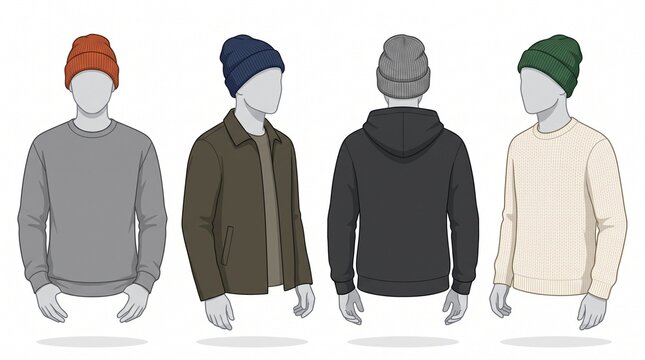 Set of mannequins wearing various colored beanies and winter sweaters with mannequin clothing knitwear headwear
