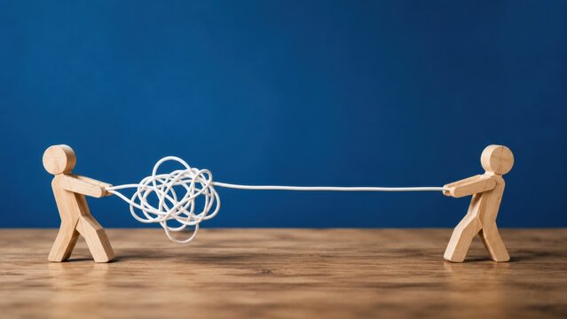 Wooden figures pulling tangled white cable against blue backdrop showing struggle and problem.
