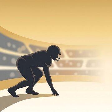 American football player in starting position on field at stadium