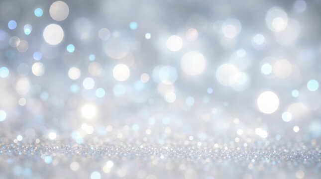 Soft-focus light bokeh with sparkling silver glitter creates a dreamy, festive, and elegant atmosphere.