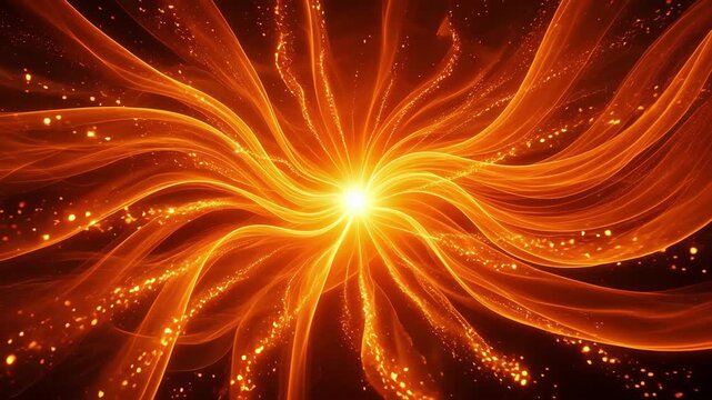 Flowing orange energy ribbons in an abstract luminous style on a dark background, conveying motion, heat, power, and dynamism