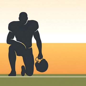 American football player holding ball in silhouette on field at sunset