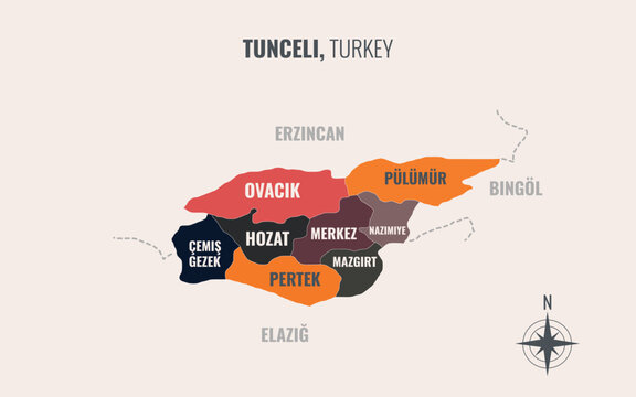 Tunceli Turkey Province into District in a minimalist colorful style map showing