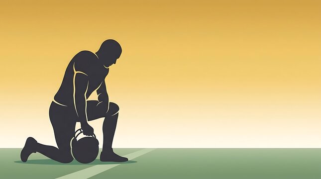 Soccer player kneeling with ball on field at sunset