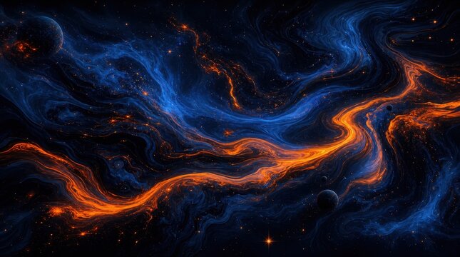 A cosmic scene depicting swirling blue and orange nebulae with distant planets and stars in deep space.