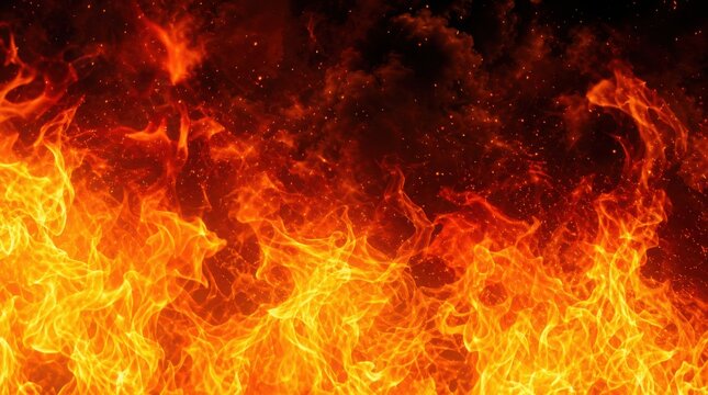 Intense bright orange and yellow flames with dark smoke rising, illustrating a powerful fire blaze with dynamic movement and heat.
