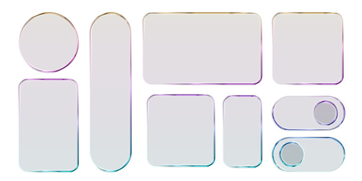 Transparent glass elements with liquid morphism effect for ui design and modern interfaces. Rounded rectangles, circles and buttons with frosted blur overlay Glassmorphism components for web or app
