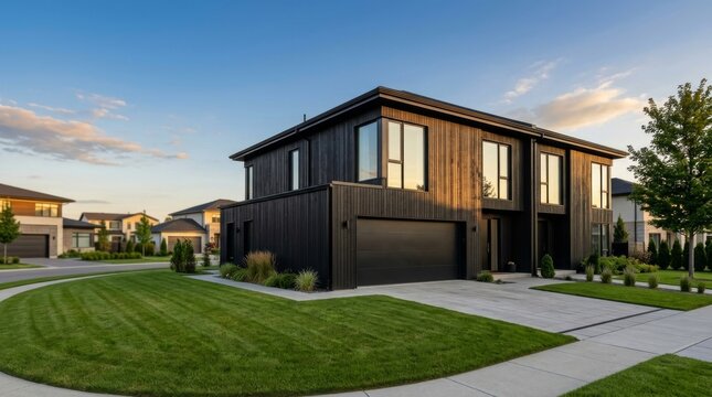 Modern luxury duplex house with black vertical wood siding exterior and double garage in suburban neighborhood