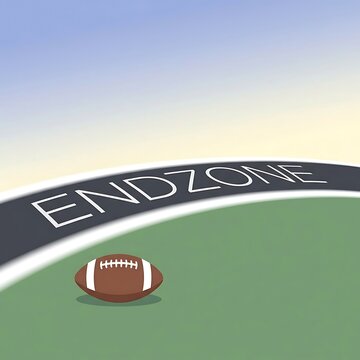 American football in the end zone of a grass field under a clear sky