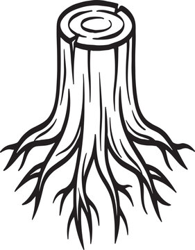 Tree Stump with Exposed Roots Black Line Art Vector Illustration