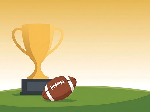 Trophy and football on grass field with yellow sky