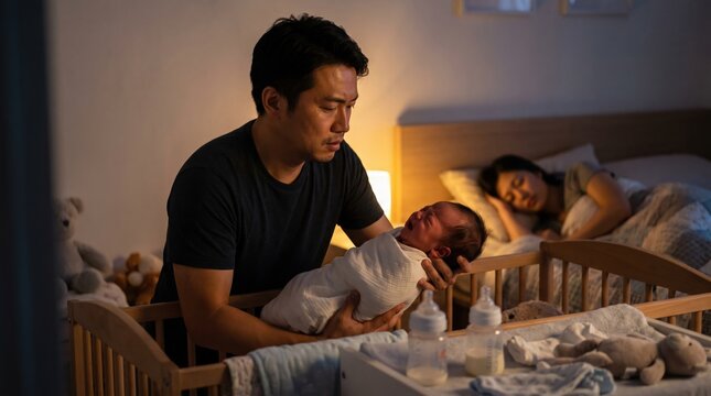 A father holds his crying newborn in a dimly lit nursery while the mother sleeps. This scene captures the exhaustion and devotion of early parenthood. Perfect for family and mental health content.