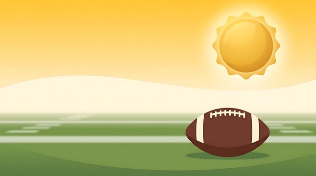 Football on sunny field with bright sun in background