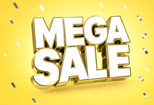 Bright golden mega sale sign with shiny threedimensional letters and confetti background perfect for promotions