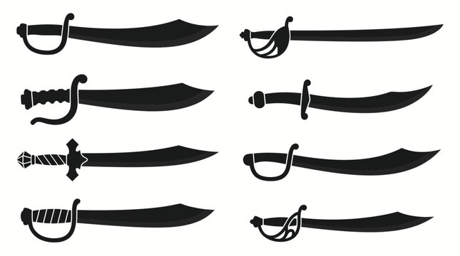 Collection of black silhouette pirate sabers and cutlasses with various hilt designs.