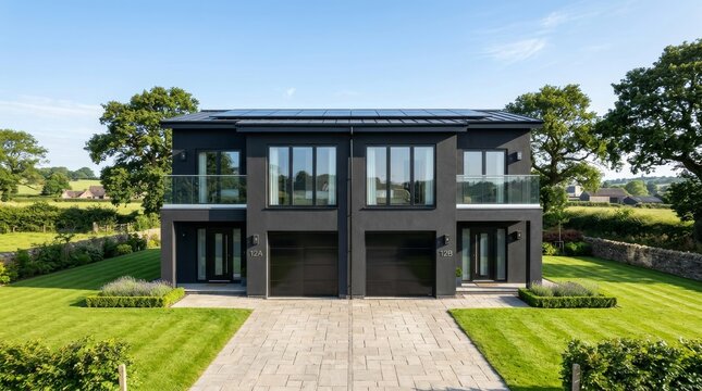 Modern luxury semidetached house with black facade and solar panels in beautiful countryside setting