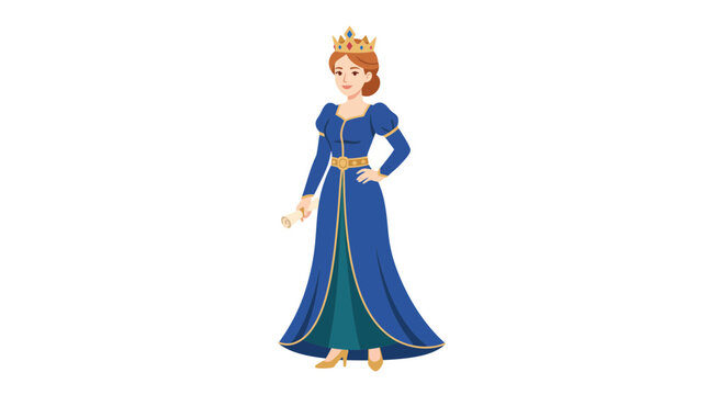 Cartoon illustration of a queen or princess with red hair, golden crown, and a long blue gown.