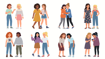 Fototapeta premium A collection of diverse illustrations depicting various interactions and moments of friendship between pairs of women and girls.