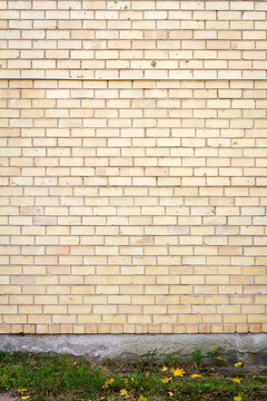 Yellow brick wall background with green grass. Architectural detail.