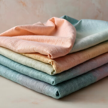 Textile industry and fabric production, stack of colorful linen cloths for home decor and fashion design