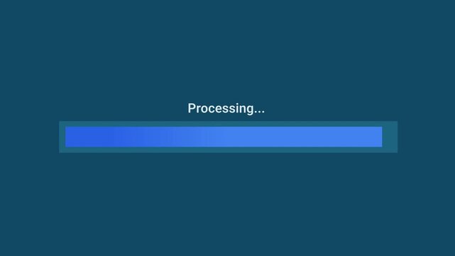 Animated motion graphics showing a blue progress bar labeled "Processing..." filling up over a dark blue background. Represents active data processing, system computation, request handling,