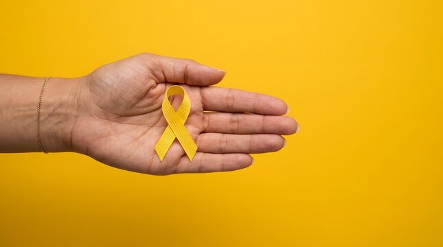 Hand holding a yellow awareness ribbon for cancer and suicide prevention