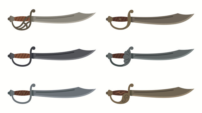 A collection of six distinct pirate cutlasses with various hilt and blade designs, displayed against a white background.